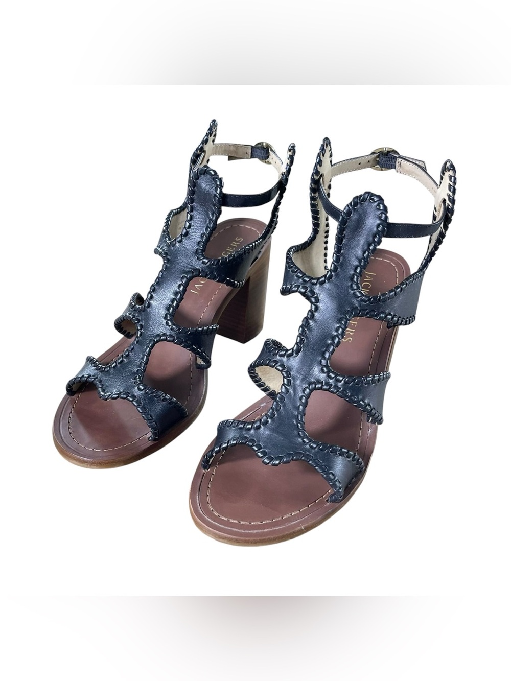 Jack Rogers Jackie Strappy High Heel Sandals, Open Toe, Black Leather, 9M